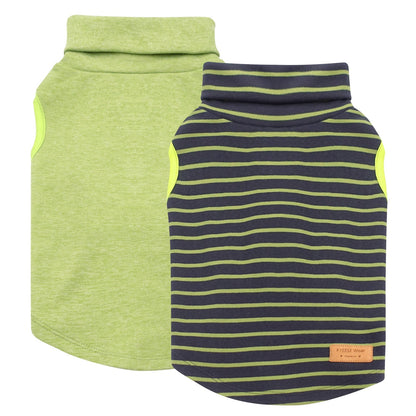 Lime green and navy striped sleeveless dog turtleneck sweaters, two-pack