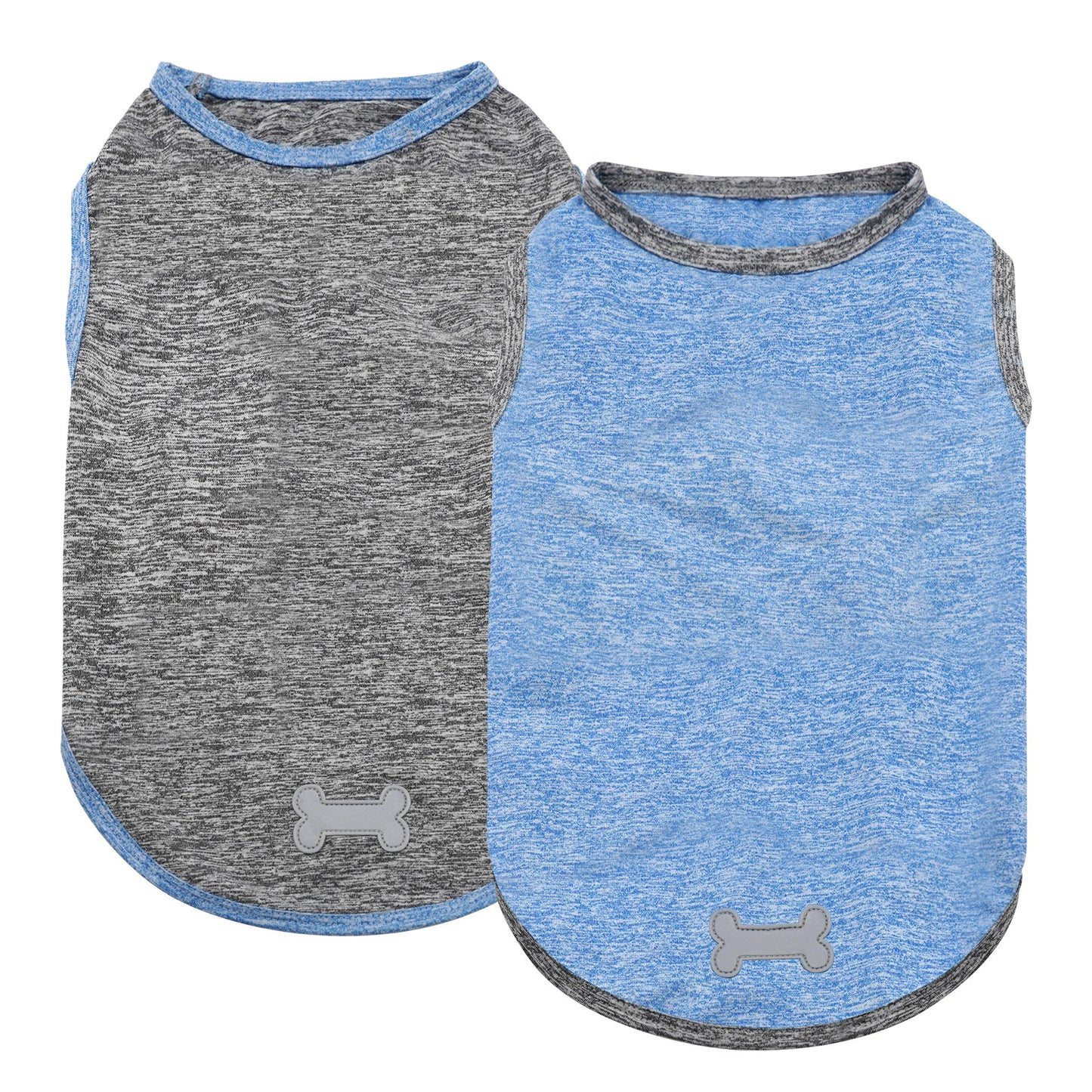 2-pack sleeveless dog shirts: gray and light blue with bone emblem