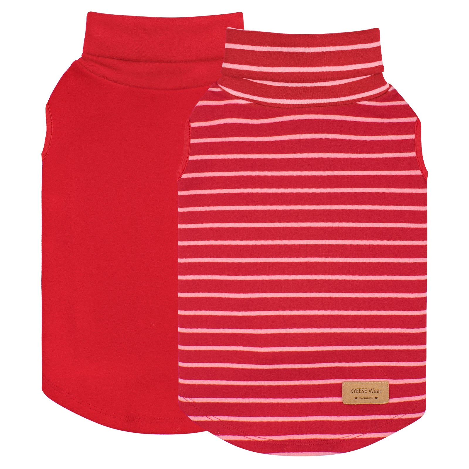 Sleeveless dog sweater set, red solid and red-white striped turtleneck