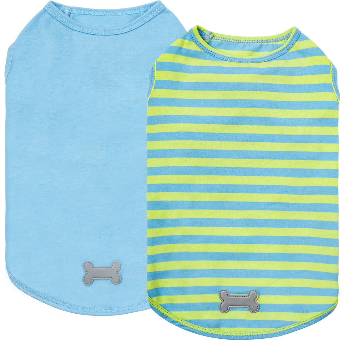 Light blue solid and lime-and-blue striped sleeveless dog shirts with gray bone patch, 2-pack