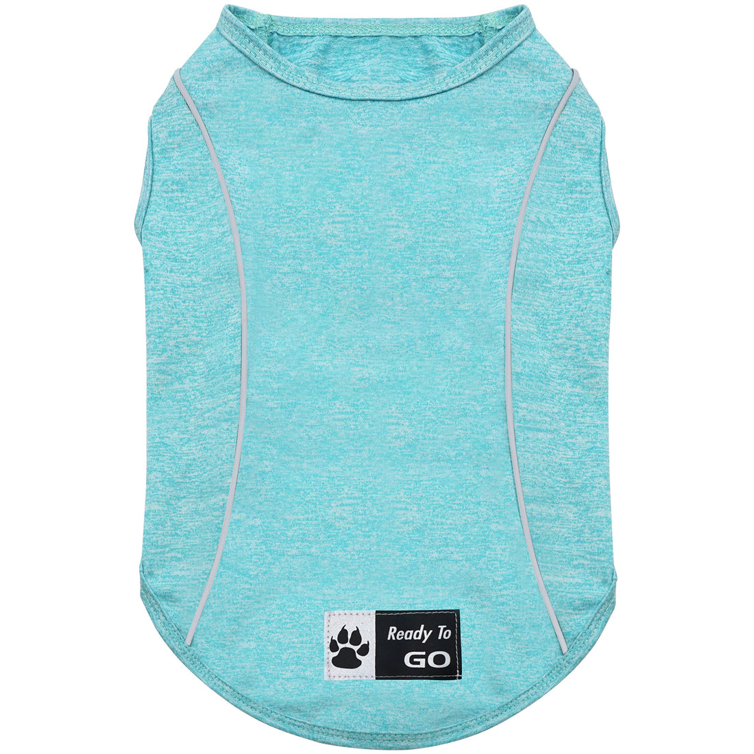Turquoise sleeveless dog shirt with paw-logo patch at the hem
