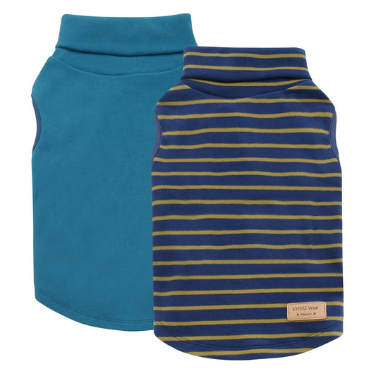 Teal solid and navy-yellow striped sleeveless dog turtleneck sweater pair