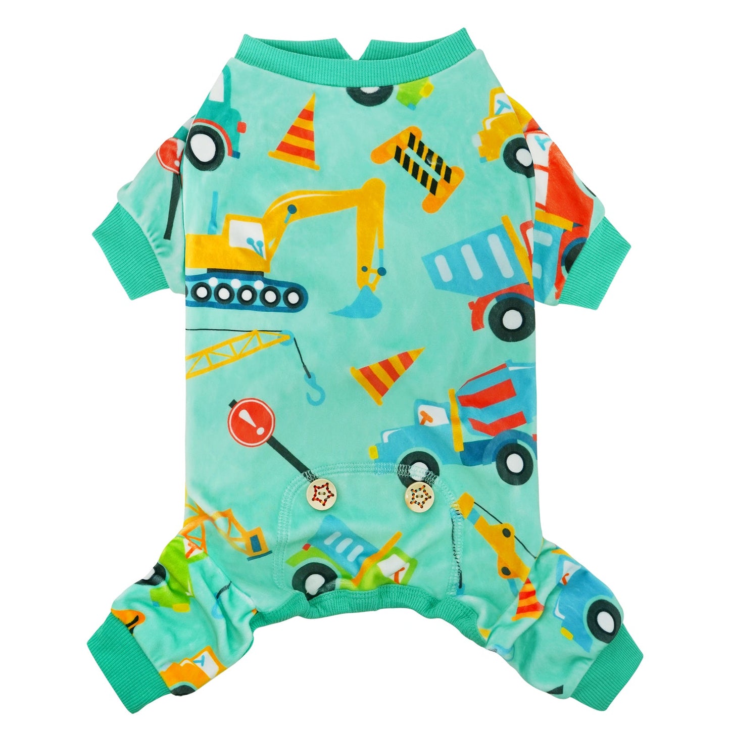 Duck-print dog onesie pajamas in aqua with green ribbed cuffs and neck