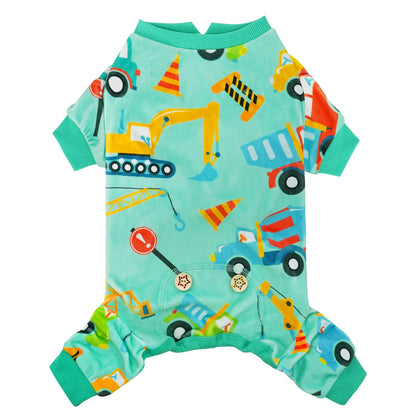 Duck-print dog onesie pajamas in aqua with green ribbed cuffs and neck