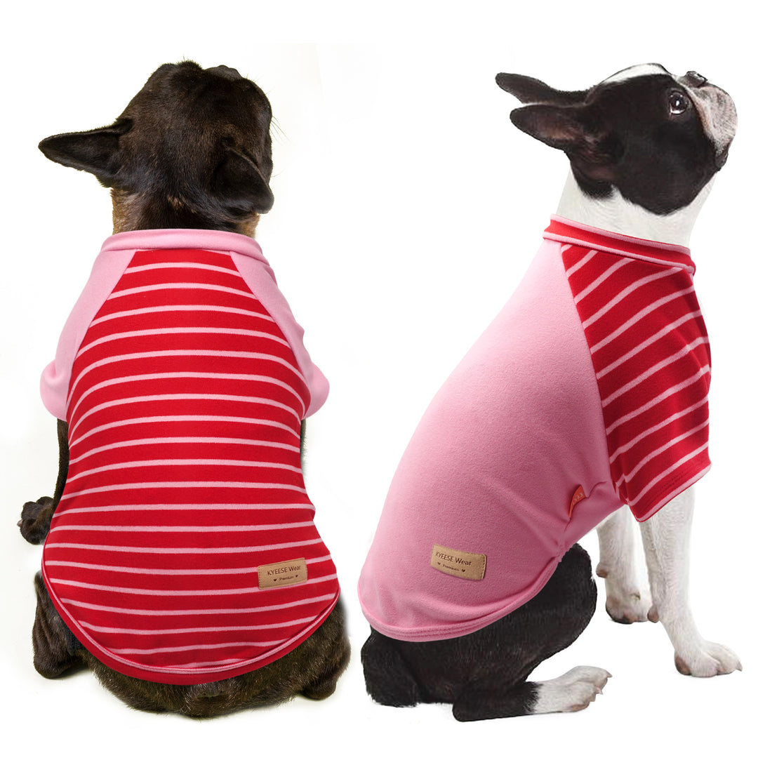Dog shirts in pink: one with red stripes, one solid pink, worn by dogs