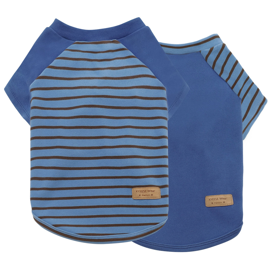 Blue raglan dog shirts: solid blue and tan-striped long-sleeve pair