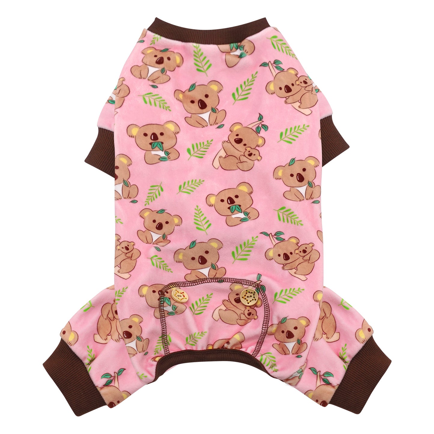 Pink dog onesie pajamas with all-over cartoon puppy pattern and brown sleeves