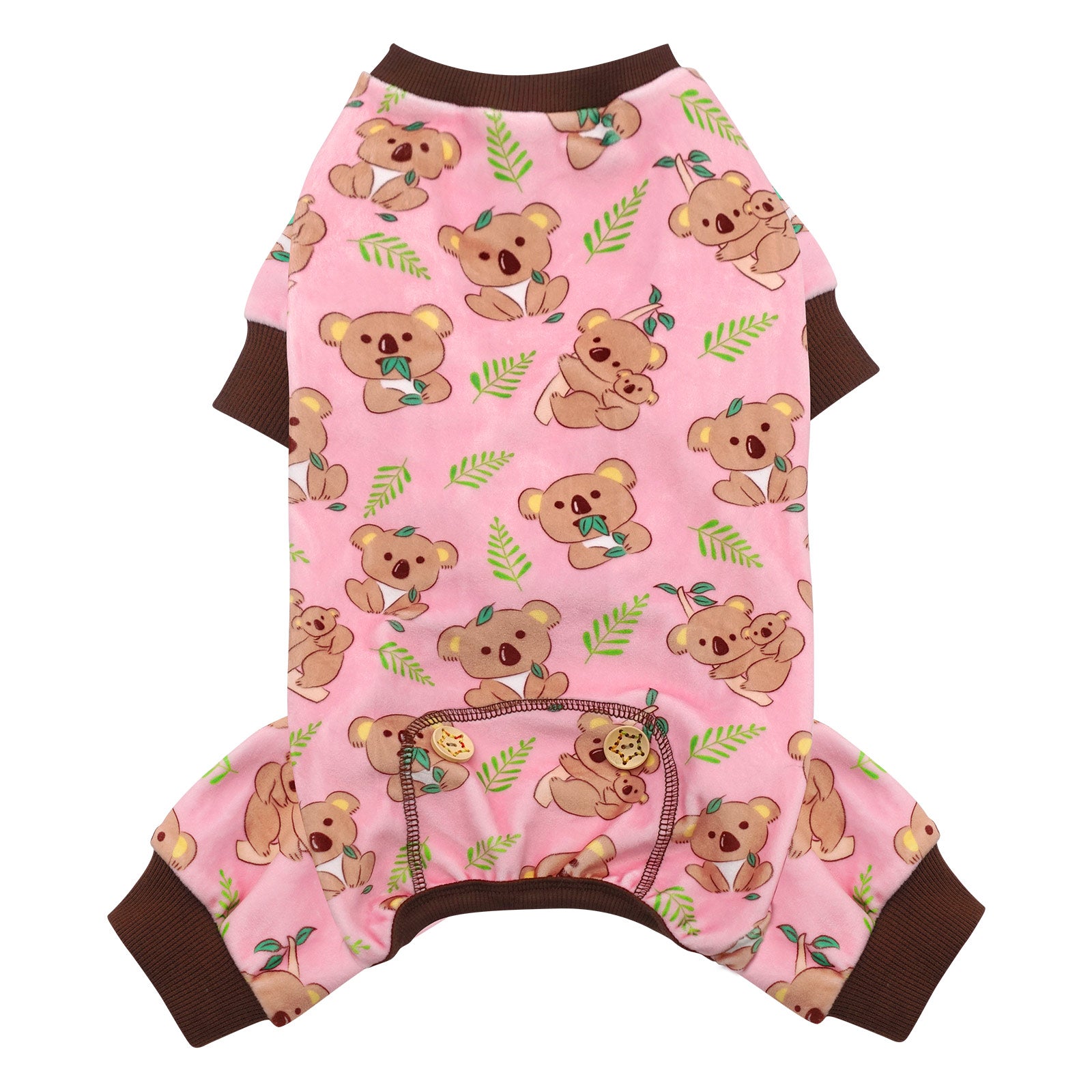 Pink dog onesie pajamas with all-over cartoon puppy pattern and brown sleeves