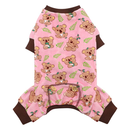 Pink dog onesie pajamas with all-over cartoon puppy pattern and brown sleeves