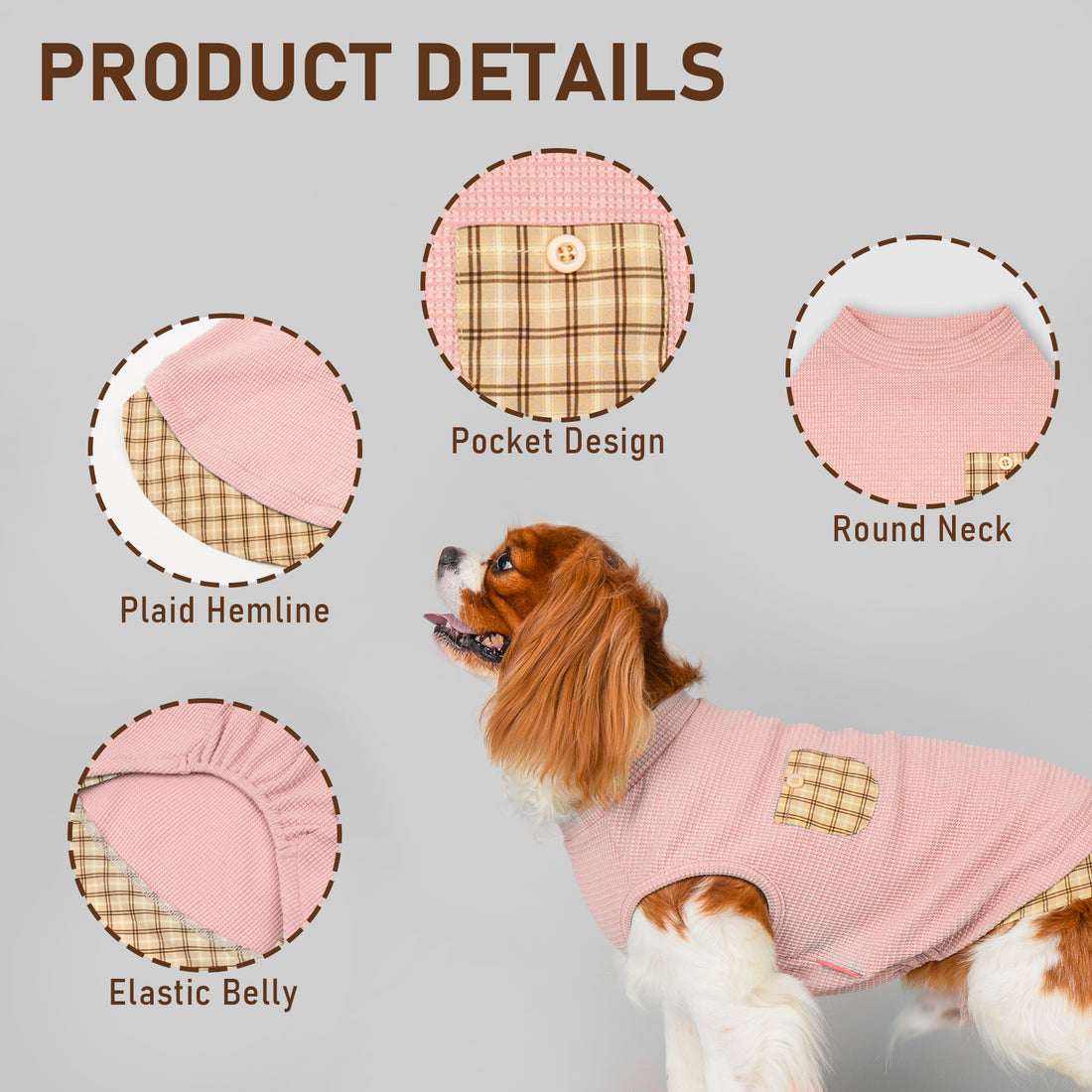 Pink sleeveless dog shirt with plaid pocket and waffle texture