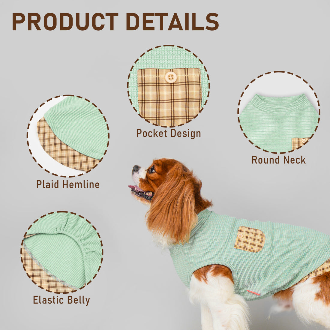 Light green sleeveless dog shirt with tan plaid pocket and plaid hem