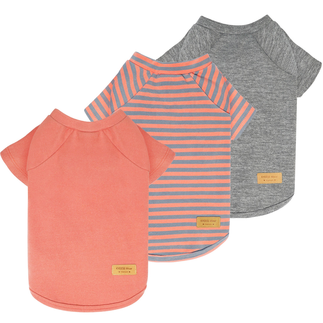 3-pack dog shirts: coral solid, orange-gray striped, and heather gray raglan