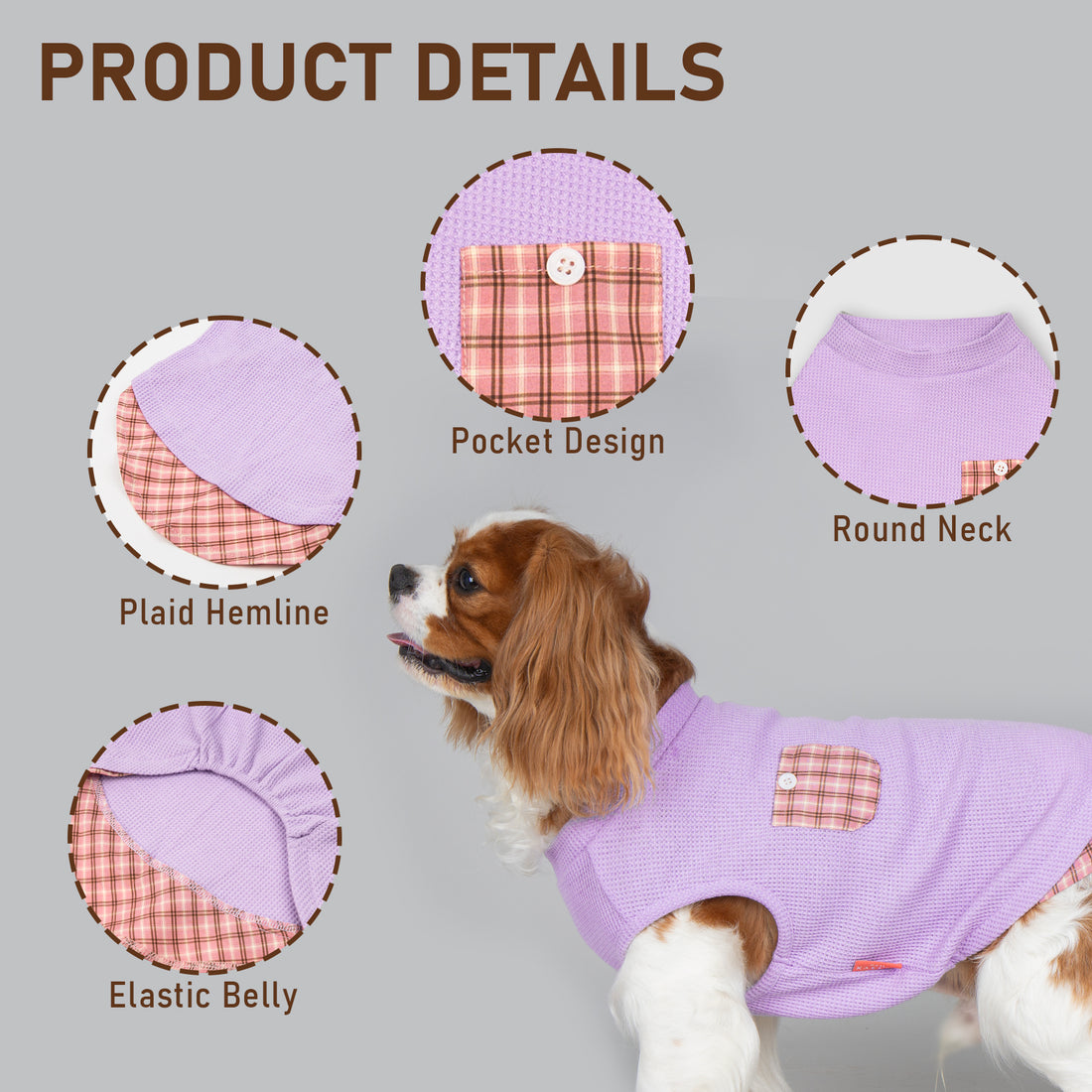 Purple waffle plaid sleeveless dog shirt with plaid pocket and round neck