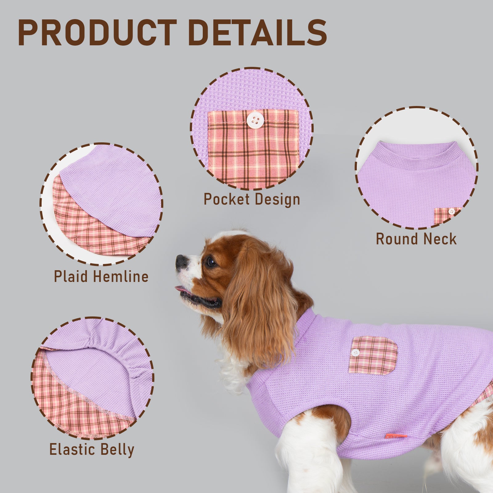Purple waffle plaid sleeveless dog shirt with plaid pocket and round neck
