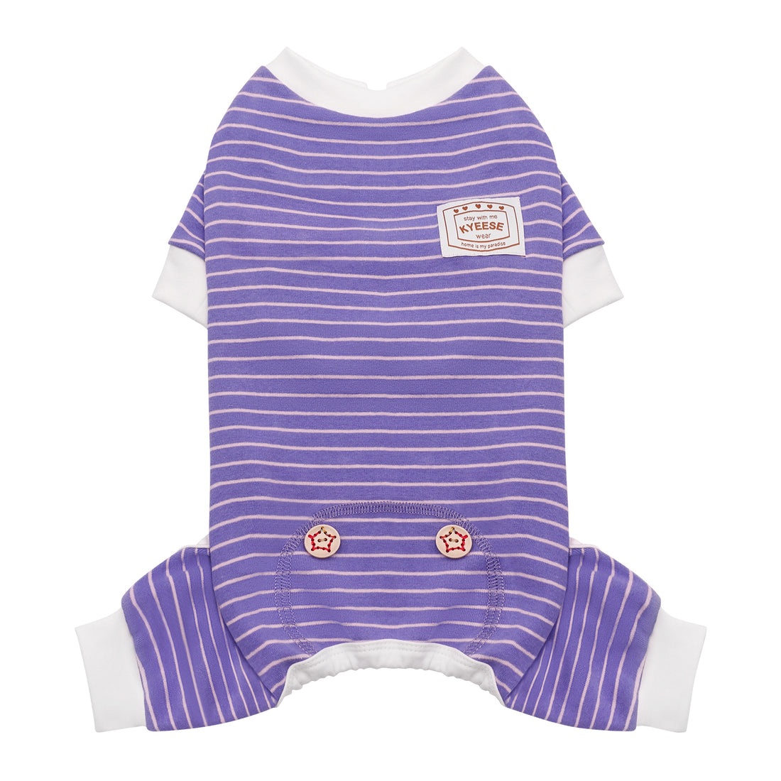 Striped dog onesie pajamas, purple with light horizontal stripes and branded chest patch