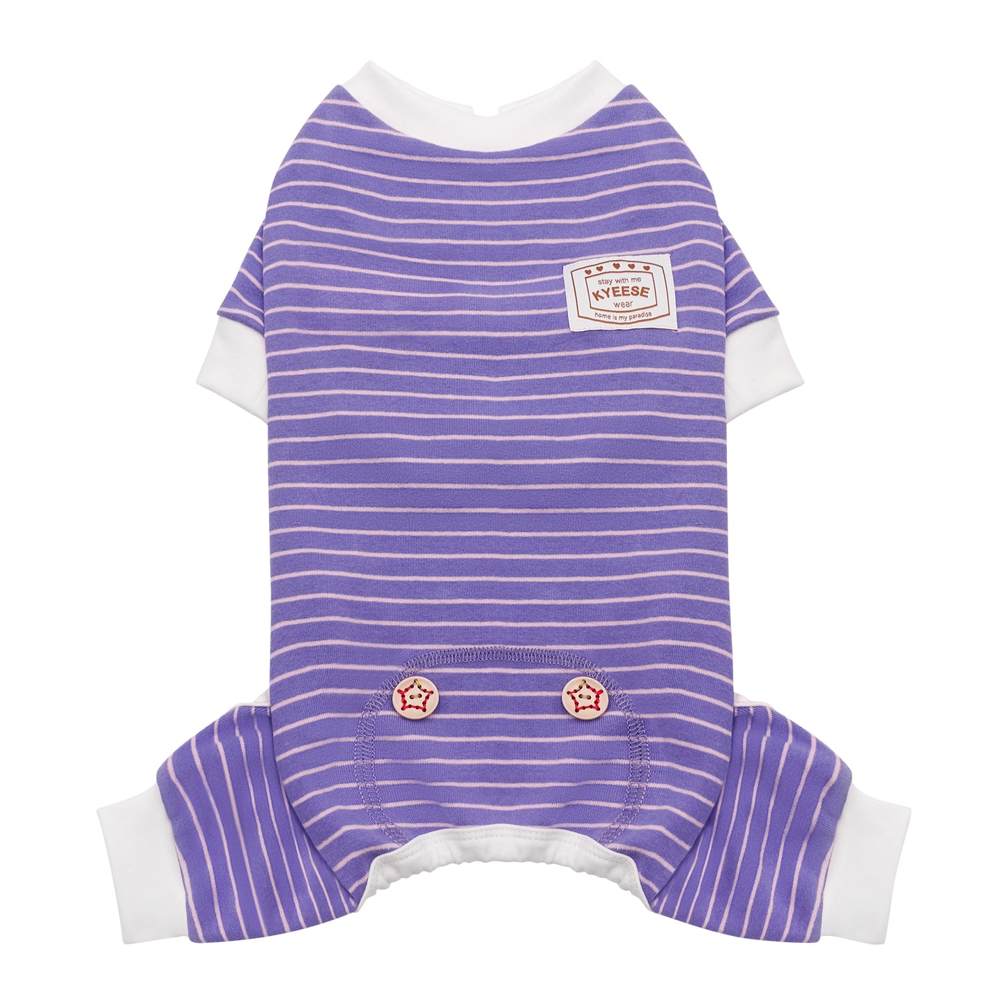 Striped dog onesie pajamas, purple with light horizontal stripes and branded chest patch