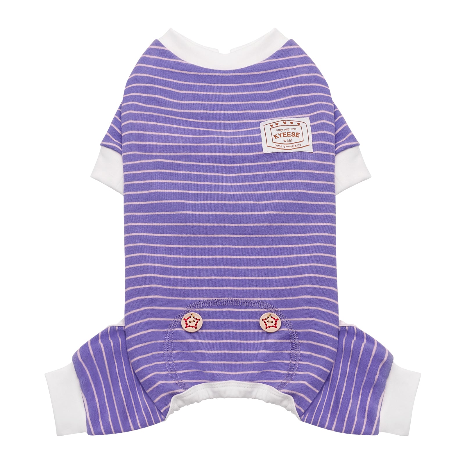 Striped dog onesie pajamas, purple with light horizontal stripes and branded chest patch
