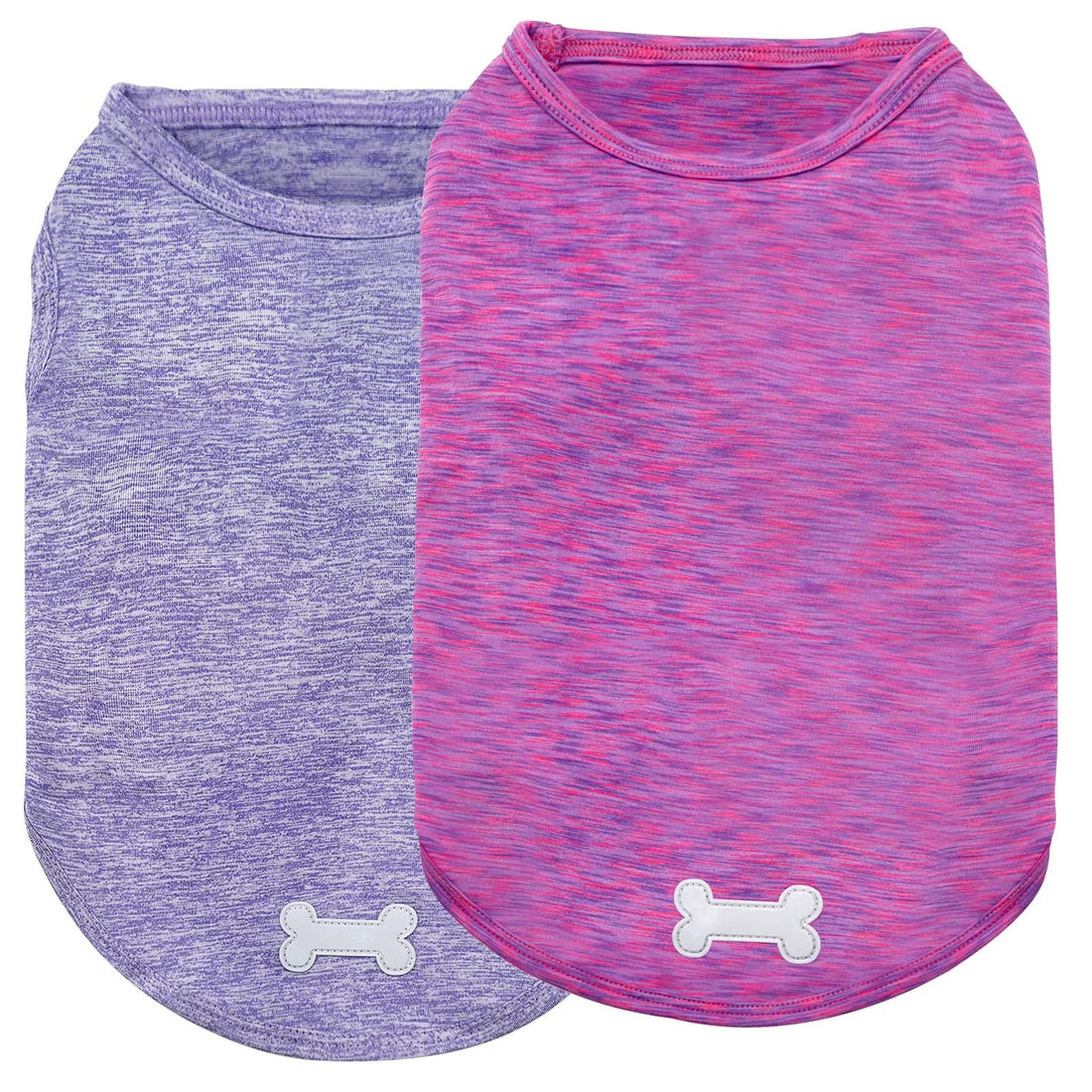 2-pack heather dog shirts: purple and pink sleeveless, bone logo at hem