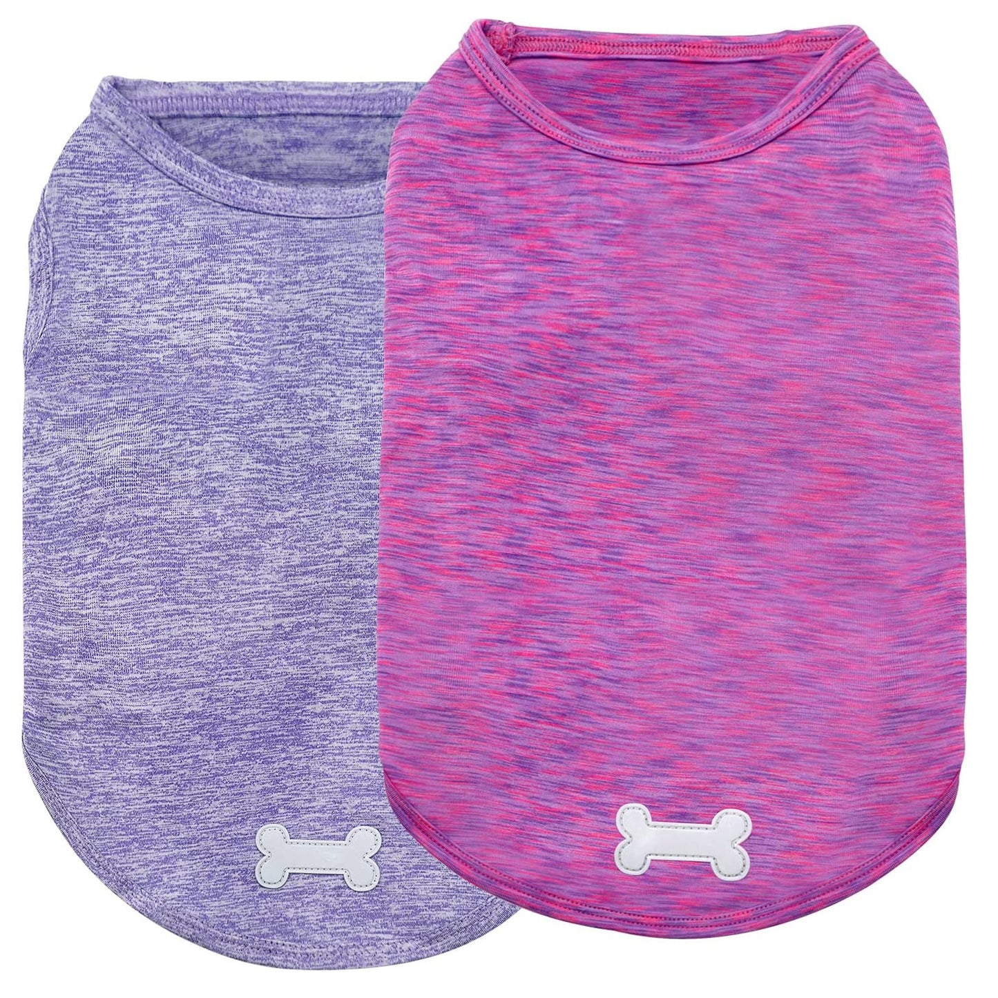 2-pack heather dog shirts: purple and pink sleeveless, bone logo at hem