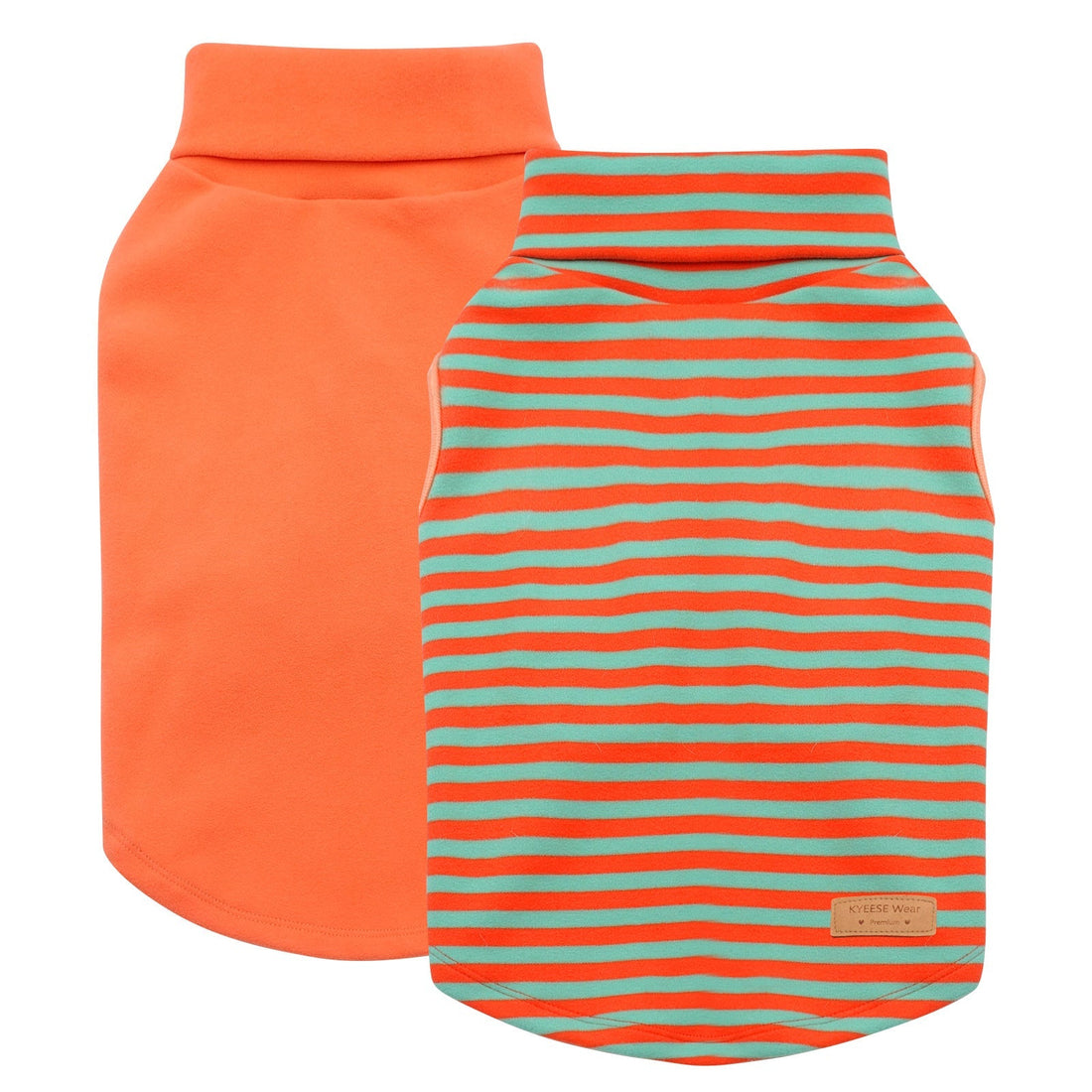 Dog sleeveless velvet sweater 2-pack: solid orange turtleneck tank and striped turtleneck tank