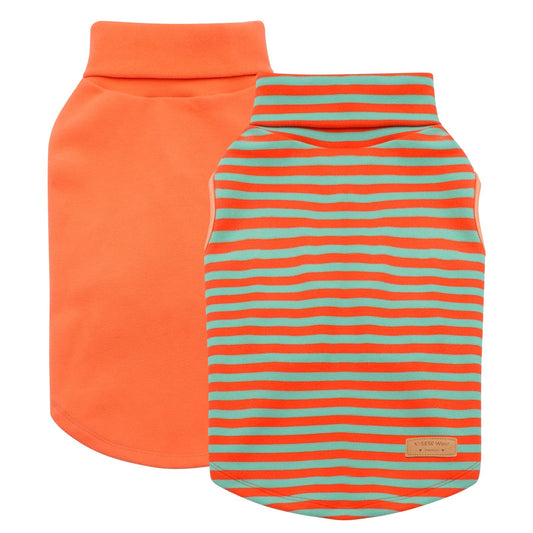 Dog sleeveless velvet sweater 2-pack: solid orange turtleneck tank and striped turtleneck tank