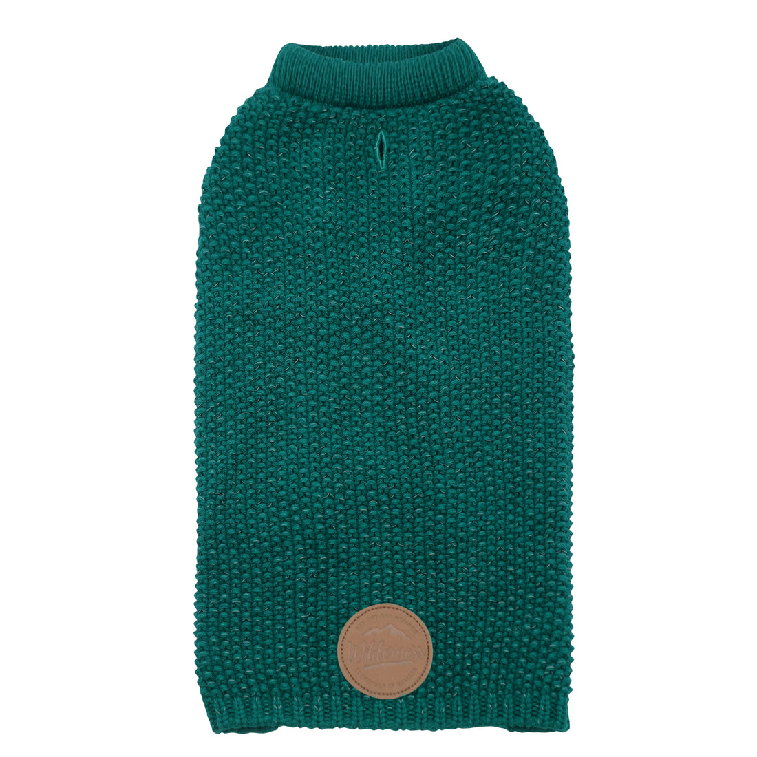 Hunter-style reflective dog sweater, dark teal knit with brown logo patch