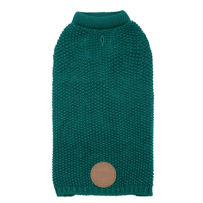 Hunter-style reflective dog sweater, dark teal knit with brown logo patch