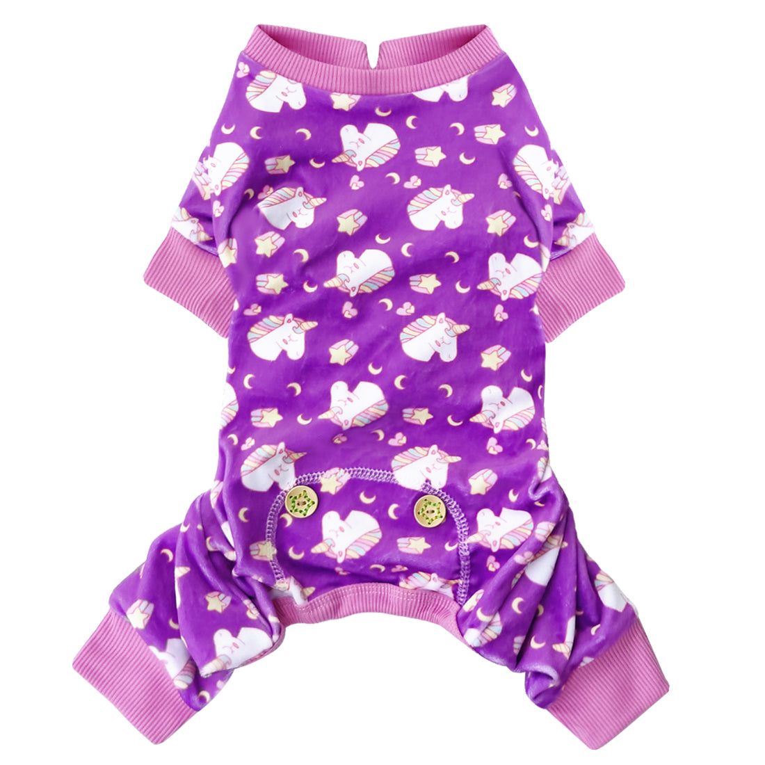 Purple dog unicorn onesie pajamas with pink ribbed trim and tail opening.