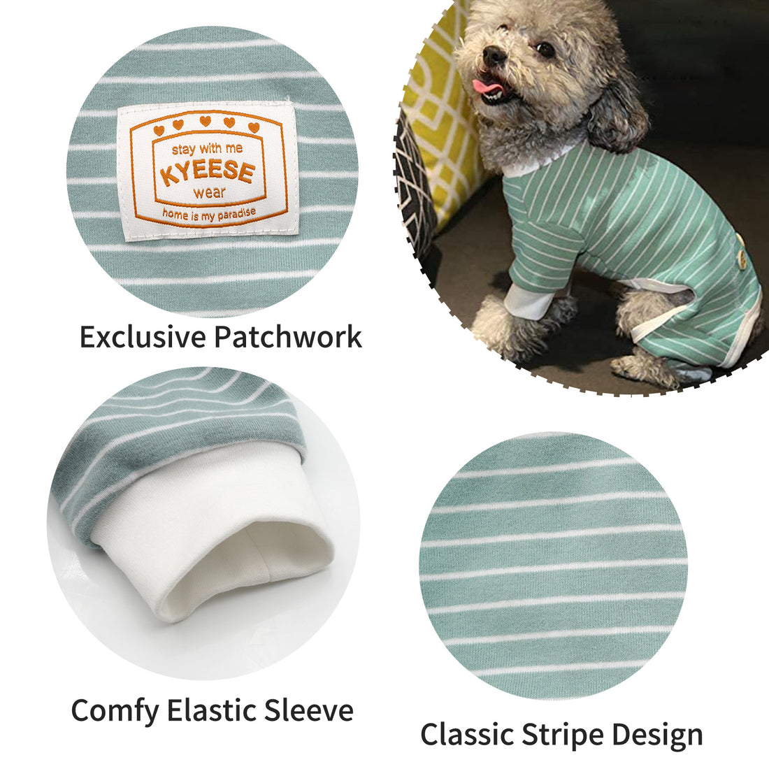 Teal striped dog onesie pajamas with KYEESE patch and elastic sleeve cuffs