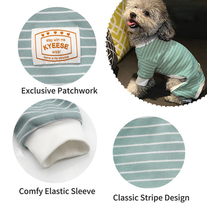 Teal striped dog onesie pajamas with KYEESE patch and elastic sleeve cuffs