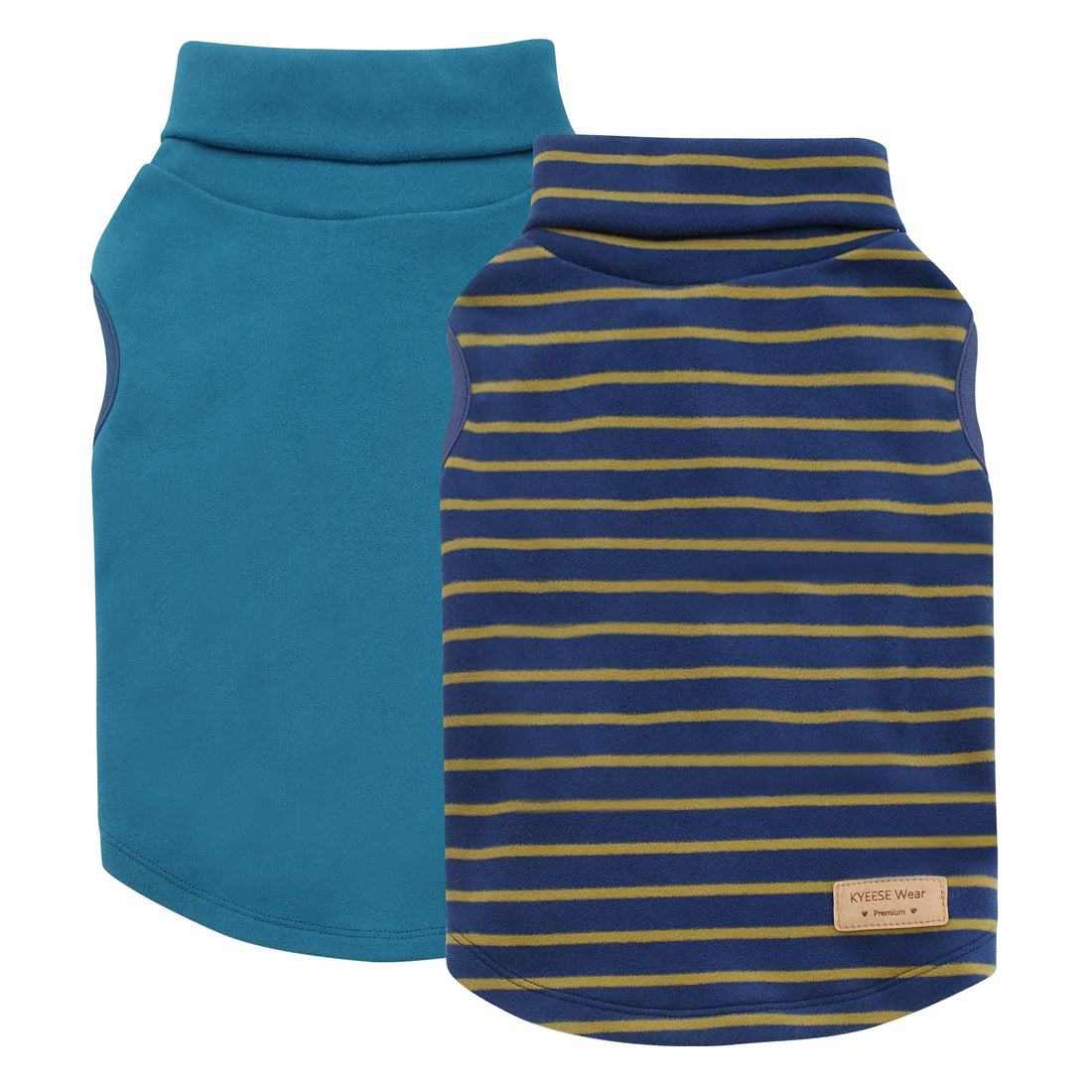 Teal solid and navy-yellow striped sleeveless dog turtleneck sweater pair