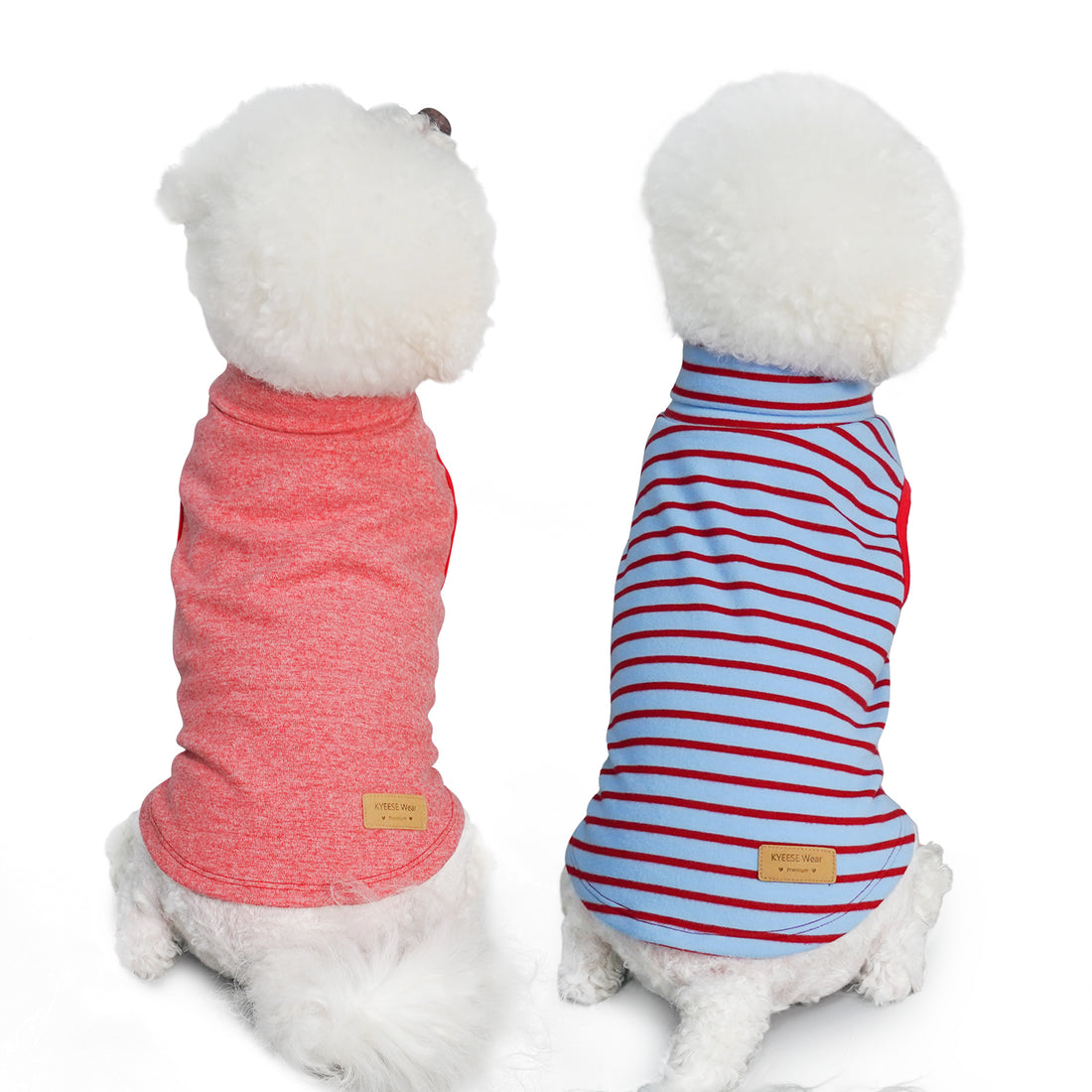 Two dog sweaters: coral red solid and blue-red striped sleeveless turtleneck