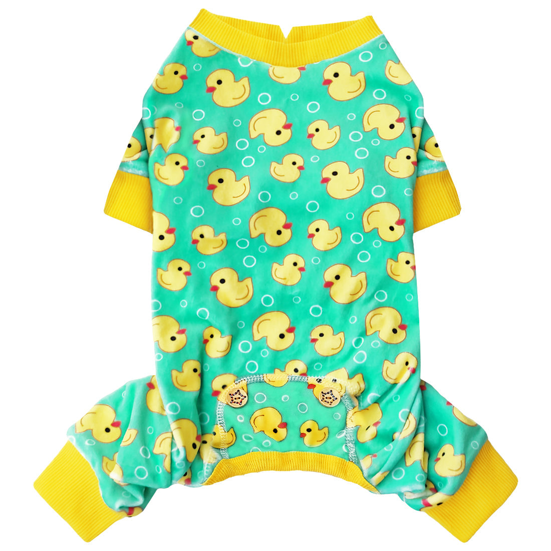 Dog onesie pajamas in teal with duck print and yellow ribbed cuffs