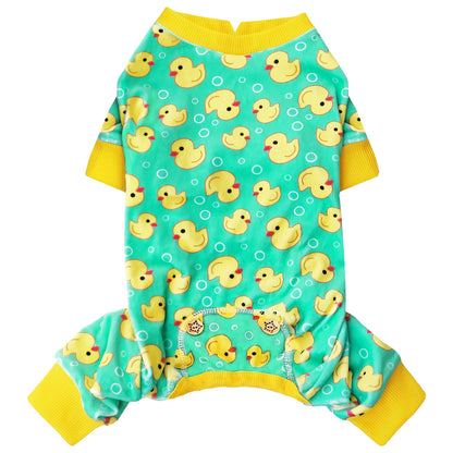 Dog onesie pajamas in teal with duck print and yellow ribbed cuffs