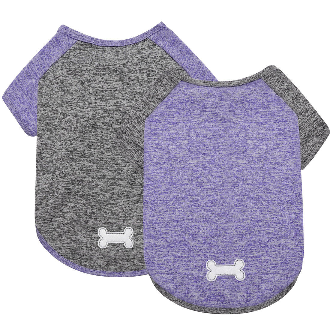 Two lightweight dog shirts with raglan sleeves: heather gray and purple, bone logo.