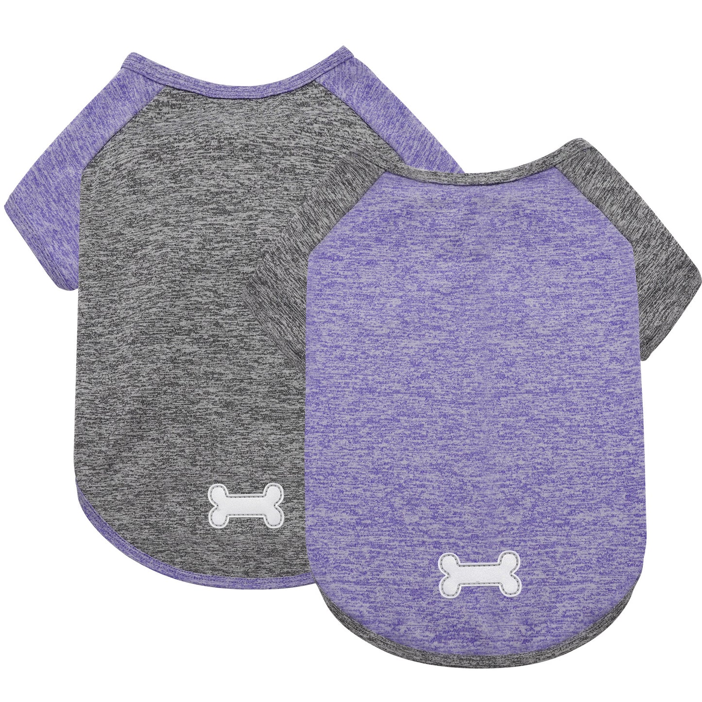 Two lightweight dog shirts with raglan sleeves: heather gray and purple, bone logo.