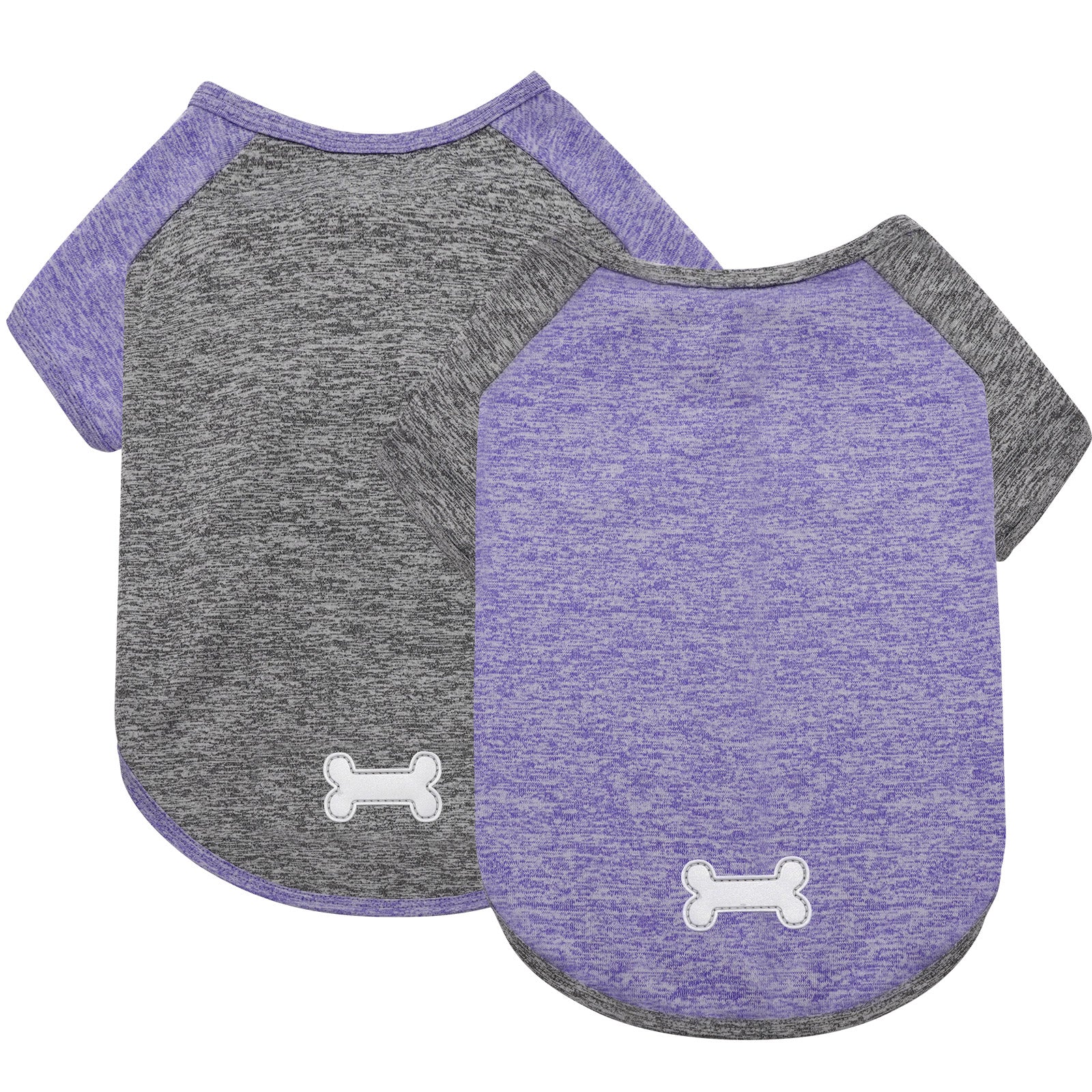 Two lightweight dog shirts with raglan sleeves: heather gray and purple, bone logo.