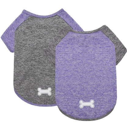 Two lightweight dog shirts with raglan sleeves: heather gray and purple, bone logo.