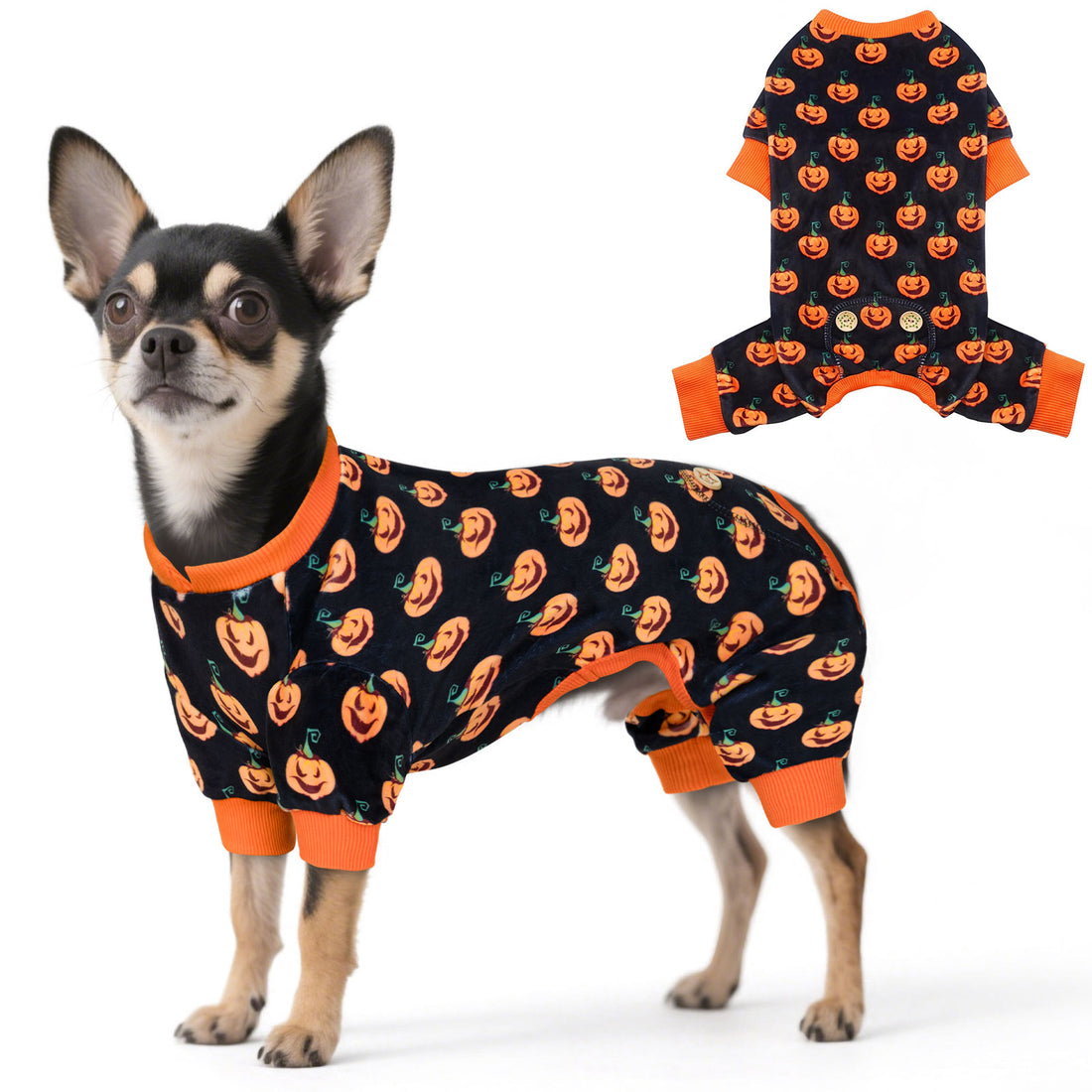 Dog Halloween pajamas in dark navy with orange pumpkin print and orange ribbed sleeves