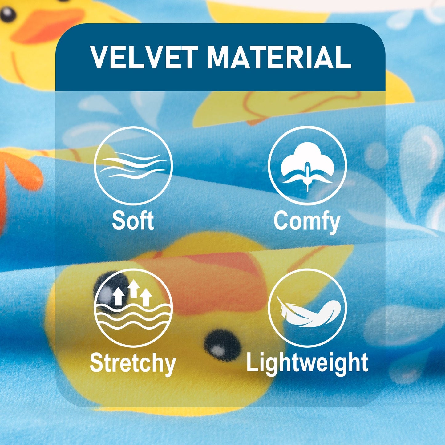 Velvet duck-print dog onesie fabric in bright blue with yellow duck shapes