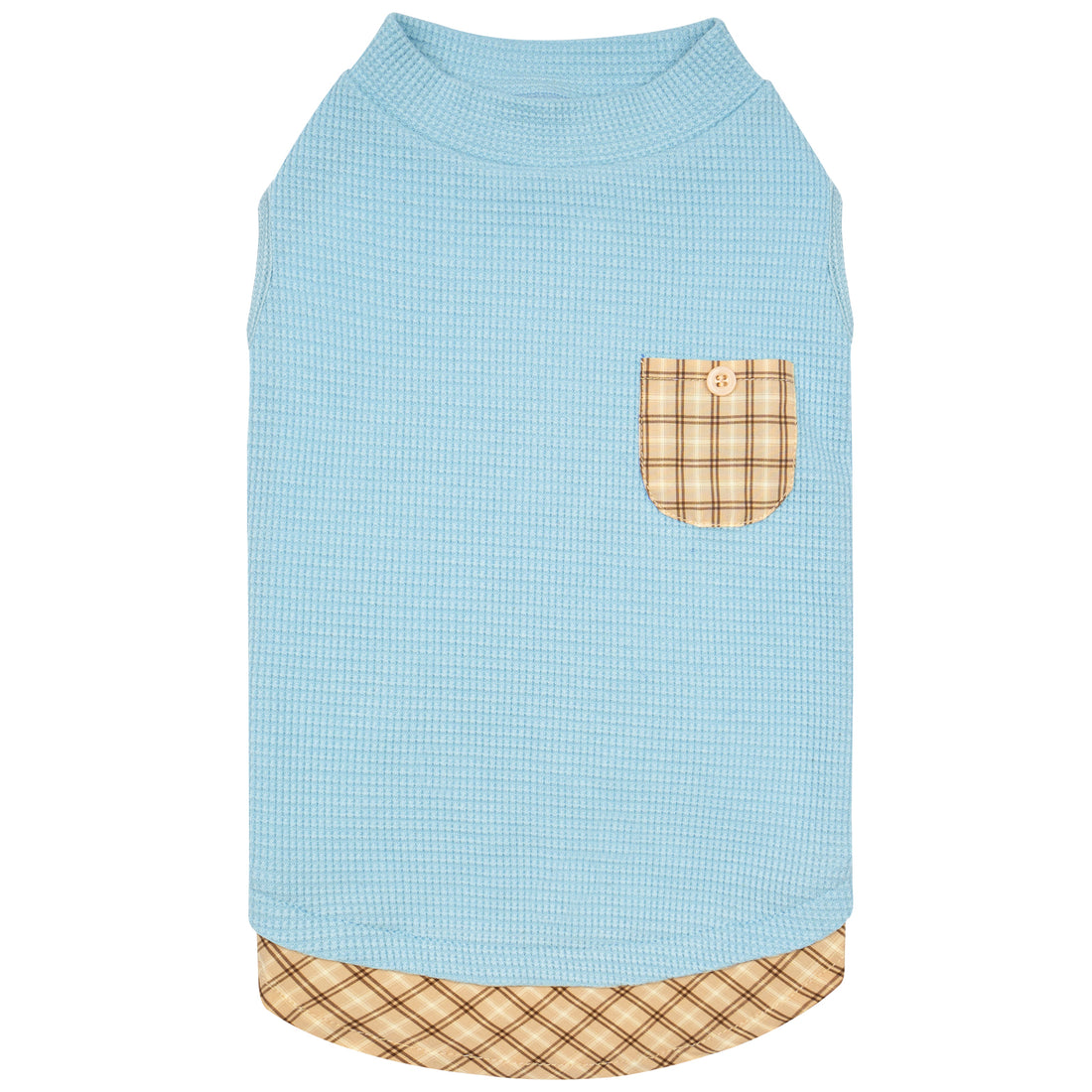 Blue waffle knit dog sleeveless shirt with plaid pocket and plaid-lined hem