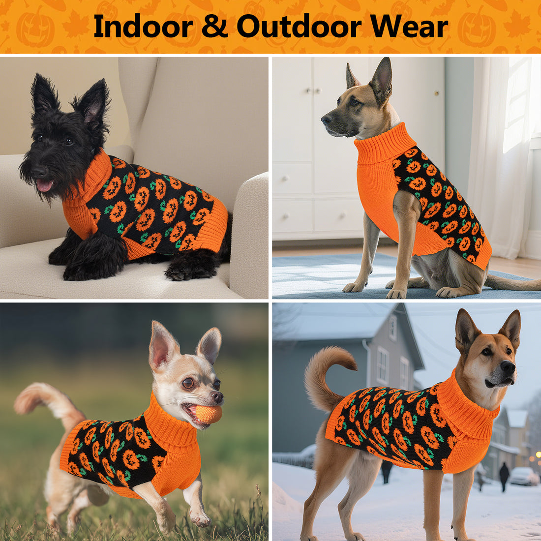 Orange pumpkin-pattern dog sweater with turtleneck
