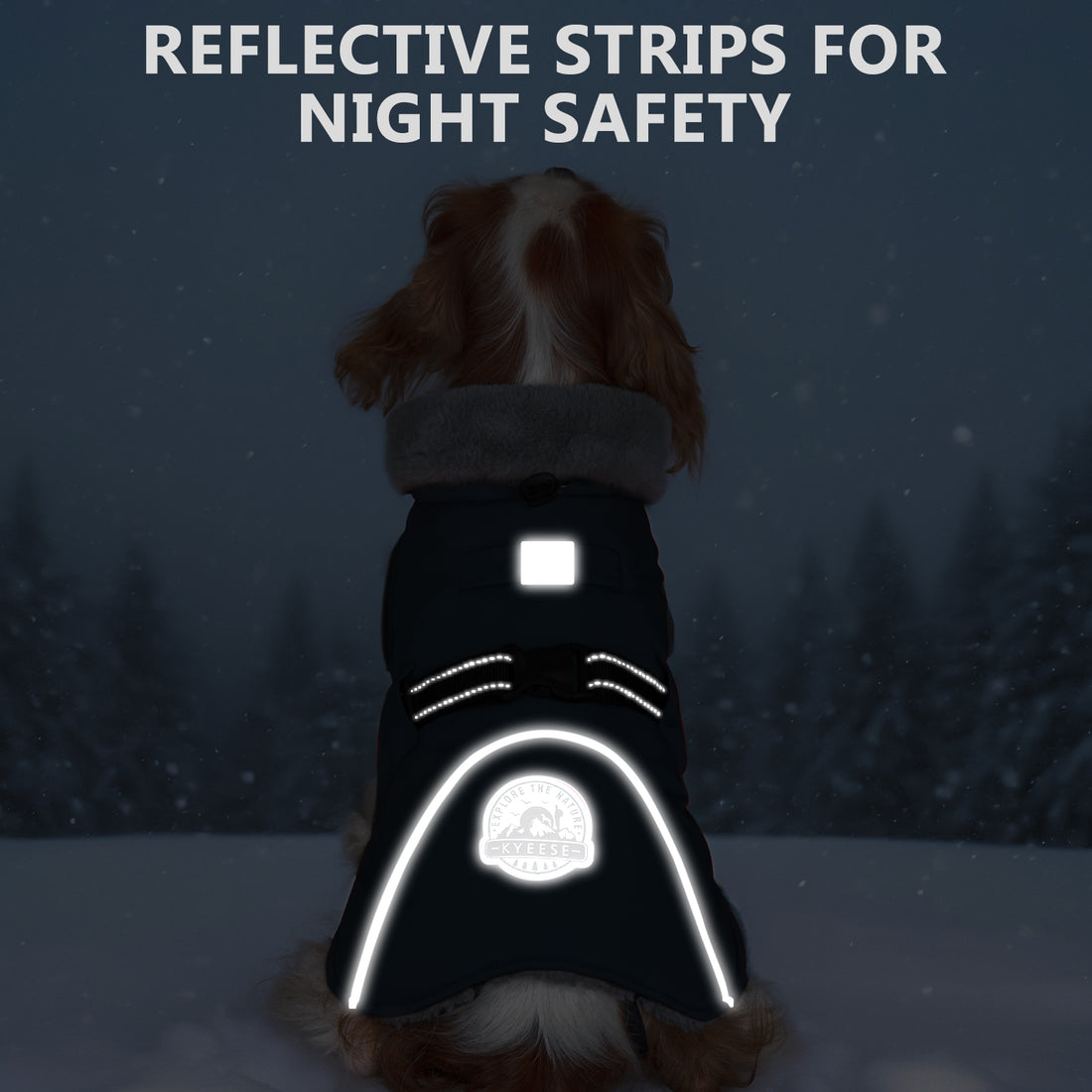 Fleece-lined windproof winter dog coat in dark color with reflective strips around the body.