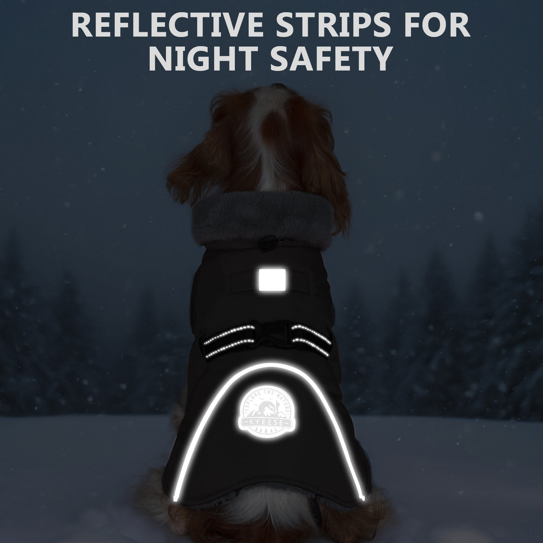 Fleece-lined windproof winter dog coat in dark color with bright reflective arched strips.