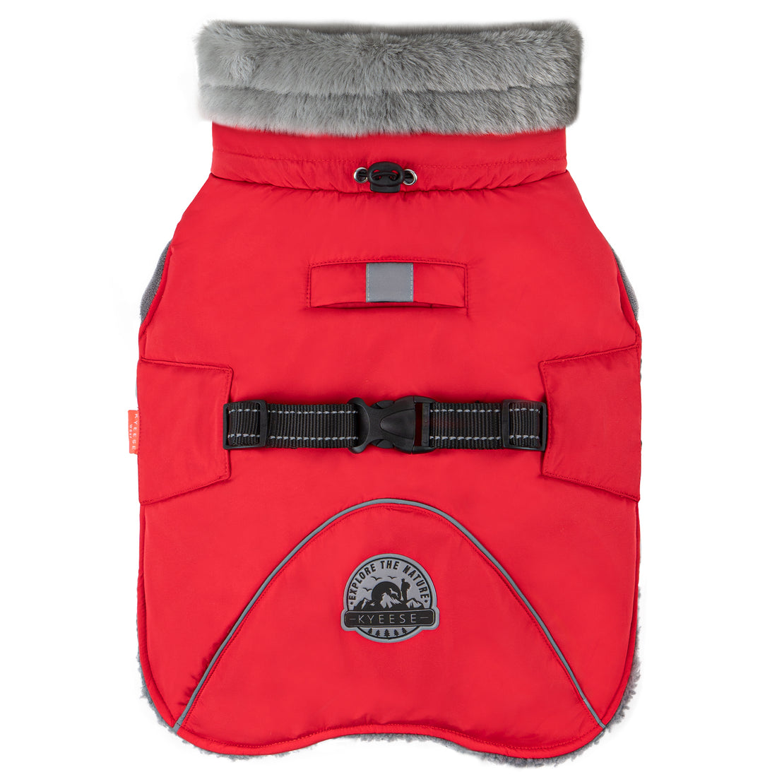 Red fleece-lined dog coat front view with grey fur collar and black harness strap