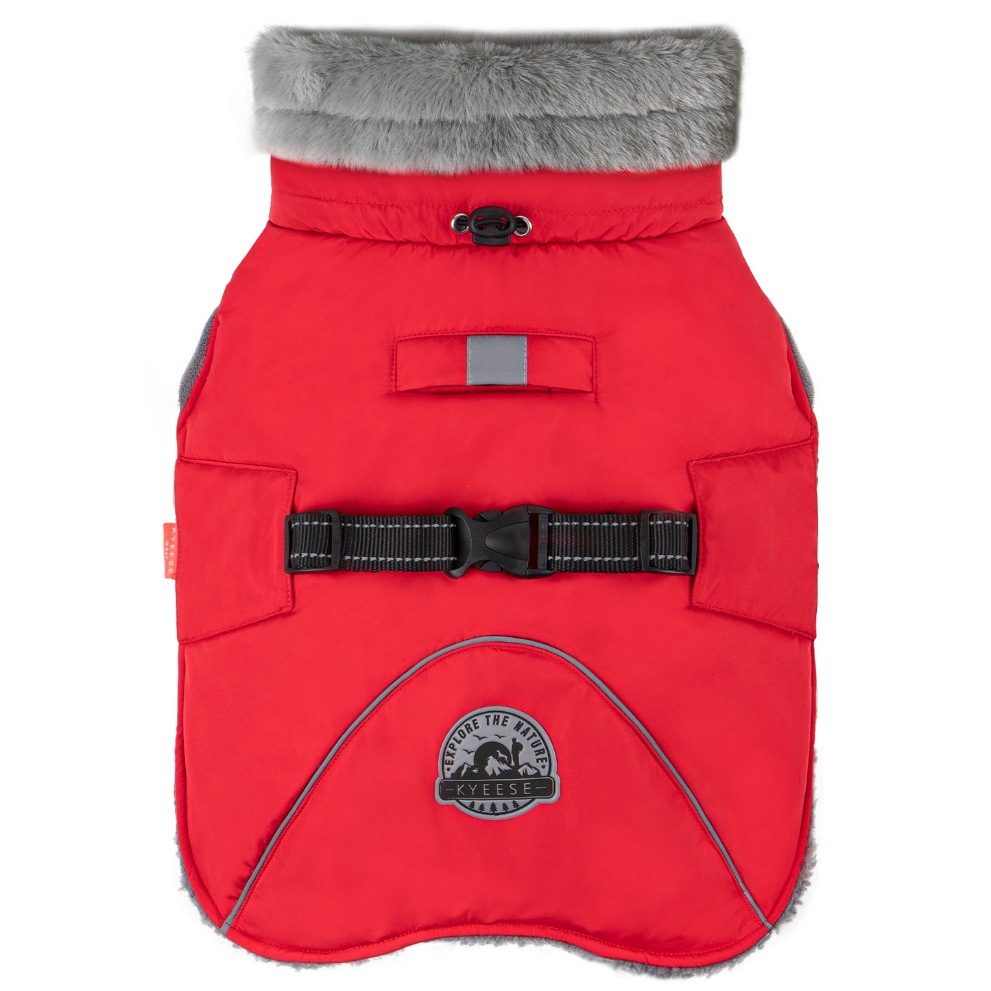 Red fleece-lined dog coat front view with grey fur collar and black harness strap