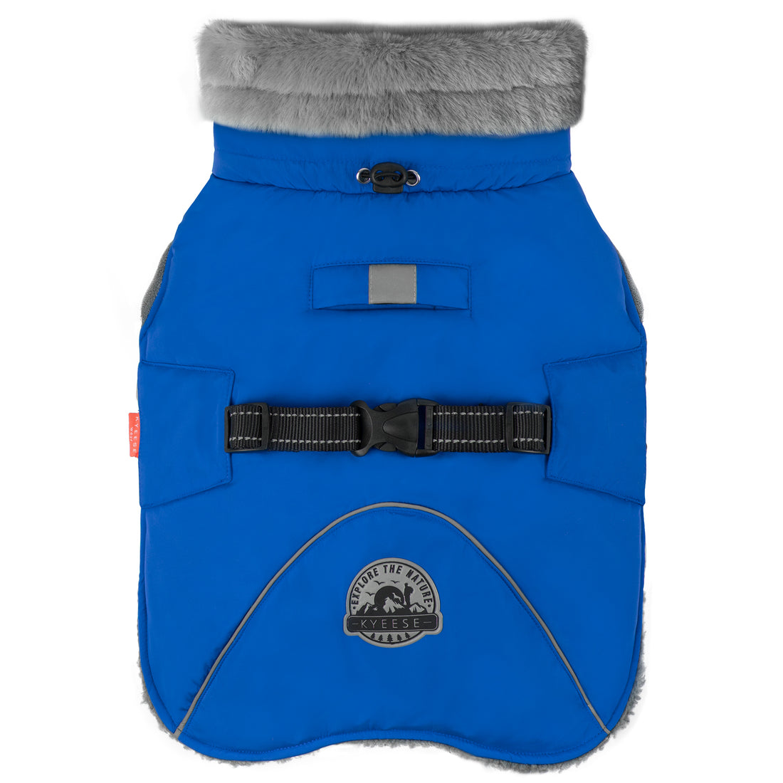 Fleece-lined windproof winter dog coat in blue with faux-fur collar and adjustable chest strap.