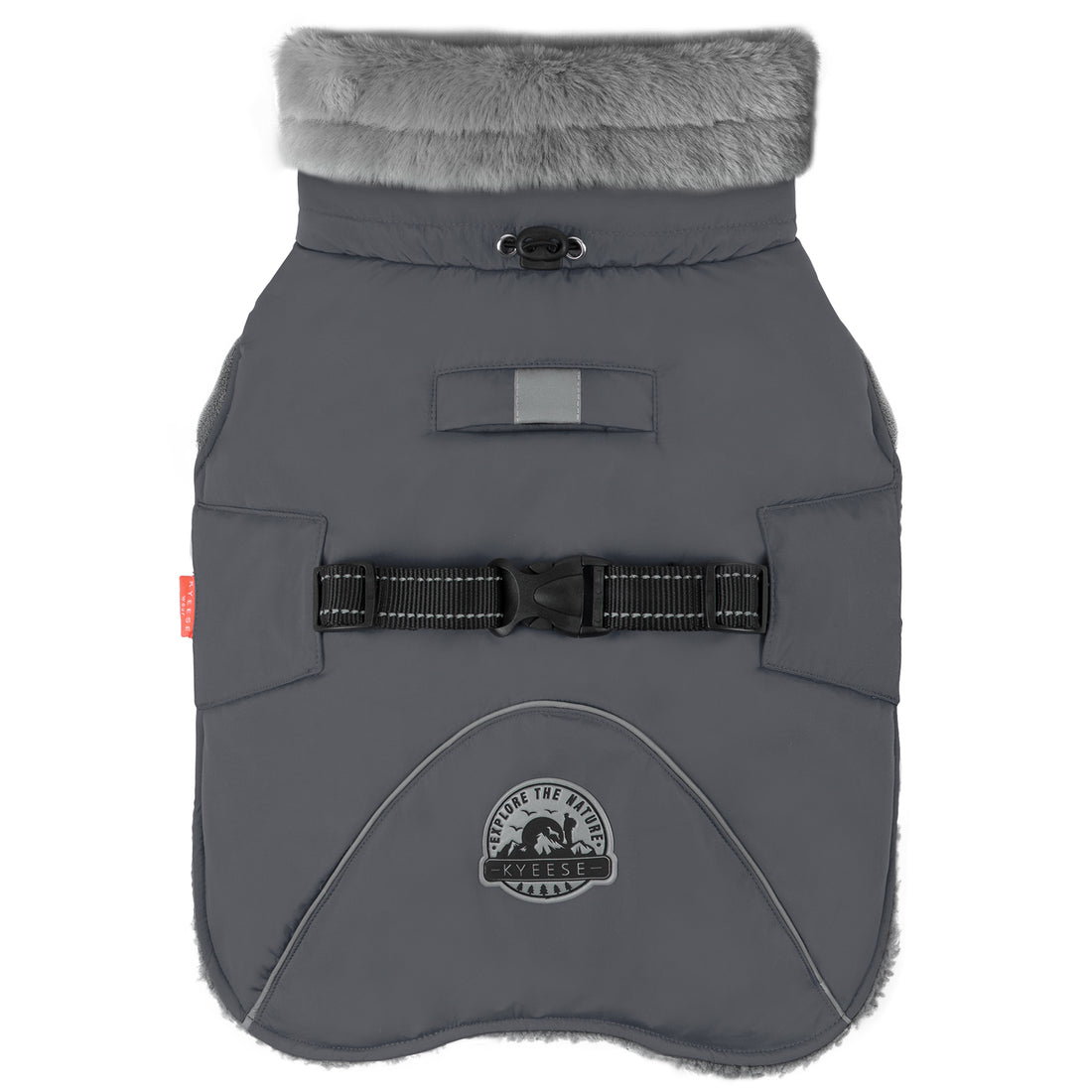 Fleece-lined windproof winter dog coat in gray with faux-fur collar and adjustable chest strap.
