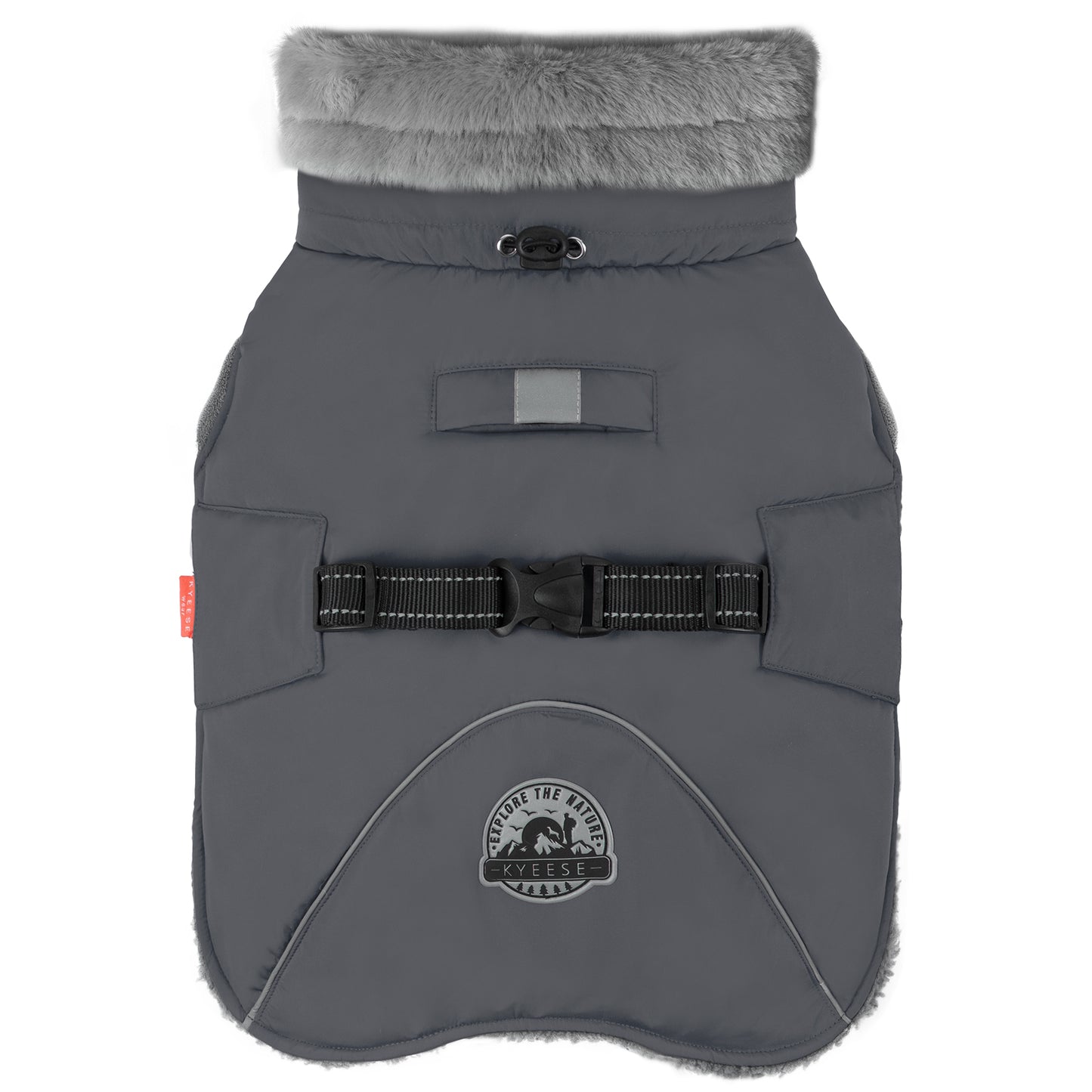 Fleece-lined windproof winter dog coat in gray with faux-fur collar and adjustable chest strap.