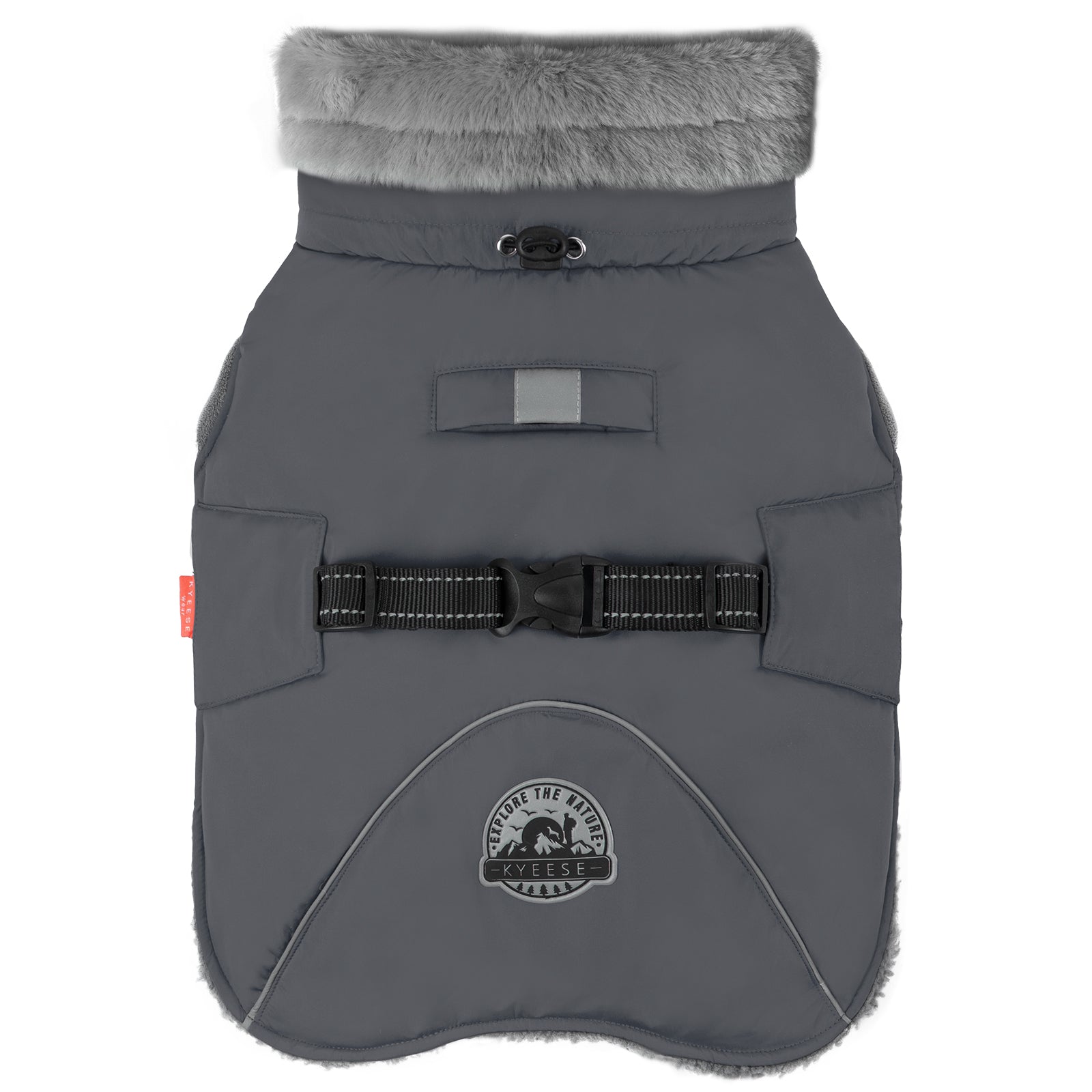 Fleece-lined windproof winter dog coat in gray with faux-fur collar and adjustable chest strap.